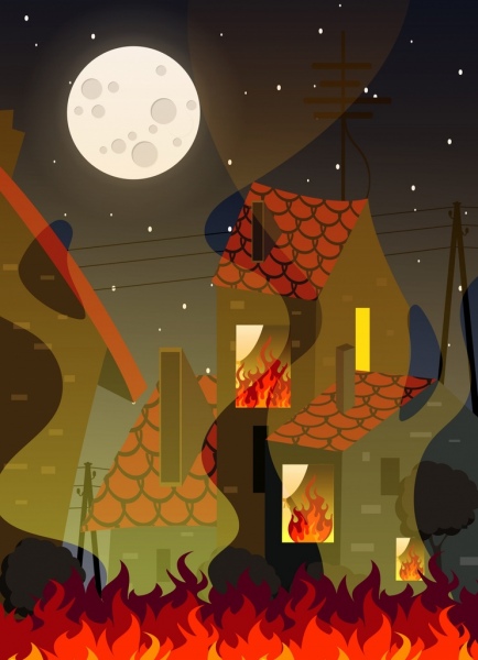 verbranntes Haus Hintergrund Feuer Gebäude Mondschein Symbole