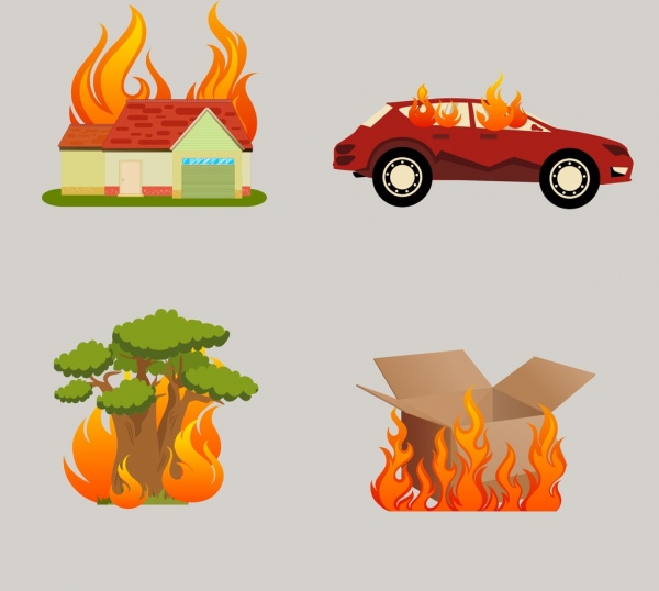 benda-benda yang dibakar isolasi mobil rumah pohon kotak ikon