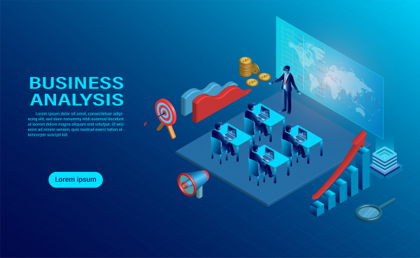 Business-Analyse-Konzept mit charaktercreative interaktiver Workspace-Entwicklung Arbeitsplatz-Infografik zur Analyse von Strategie-Engine-Flachdesign