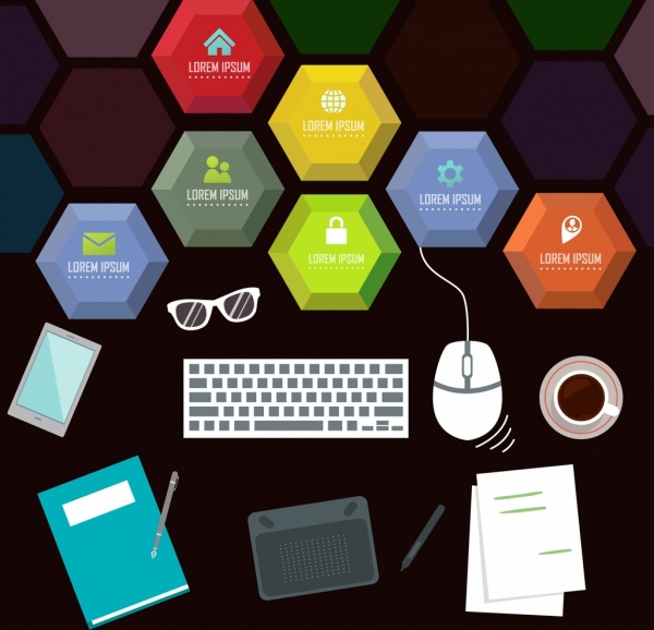 Bisnis latar belakang alat-alat modern ikon berwarna-warni poligonal dekorasi