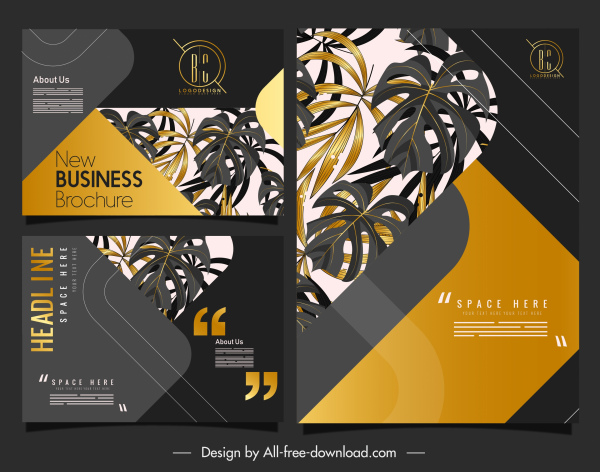 бизнес брошюра шаблон роскошный золотой черный декор листьев