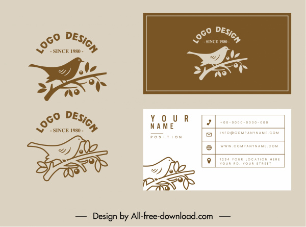 plantilla de tarjeta de visita de la decoración del logotipo de pájaro clásico plano