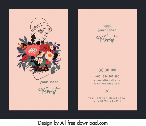 plantilla de tarjeta de visita florista boceto diseño clásico dibujado a mano