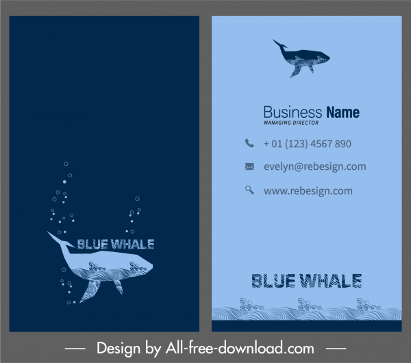 plantilla de tarjeta de visita tema marino icono de ballena bosquejo