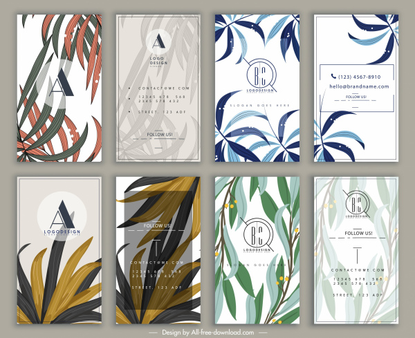 шаблоны визитной карточки классические листья декора вертикального дизайна