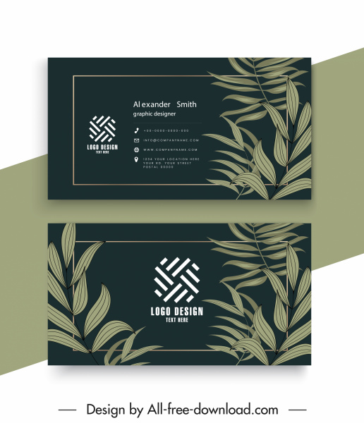 plantillas de tarjetas de visita elegantes hojas oscuras decoración