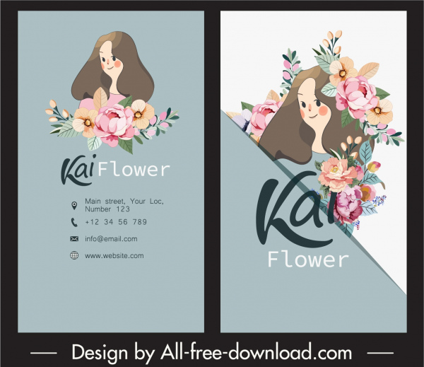 cartões de visita modela decoração de floras de garotas fofas