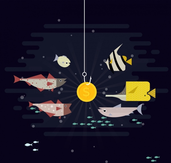 koncepcja biznesowa pochodzenie ryb monety ikon kreskówka projektu