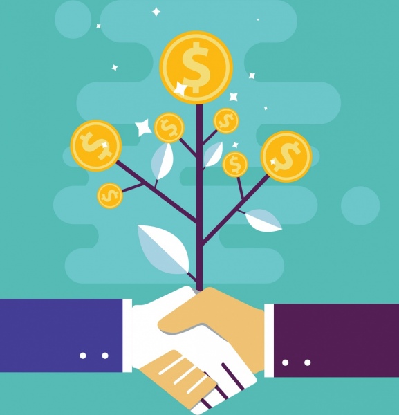 Fondo de concepto de cooperación de negocios las monedas de los iconos de apretón de manos de árbol