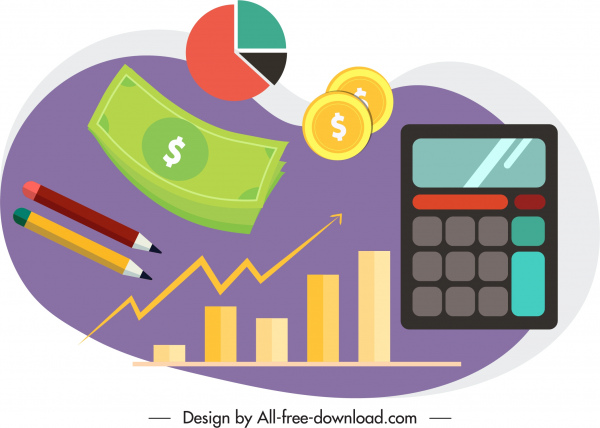 Business-Elemente Icons Geld Münze Taschenrechner Diagramme Skizze