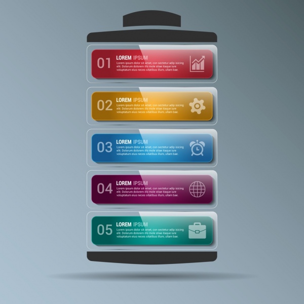 affari infographic template orizzontale colorato stile lucido stack