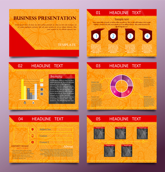 modelli di presentazione di business design con sfondo arancione vignette