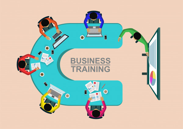 Business-Training-Konzept Corporate Staff Training Business Meeting und Planungsentscheidungen zeigen Top-View-Illustration Cartoon-Vektor