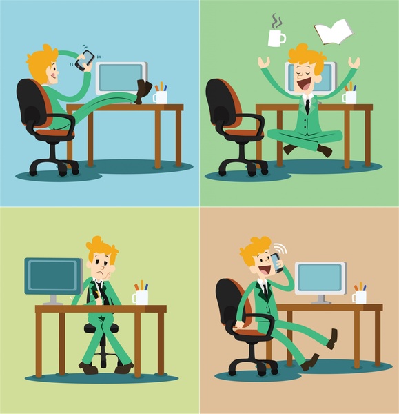 Illustration vectorielle d’homme d’affaires au travail avec divers gestes