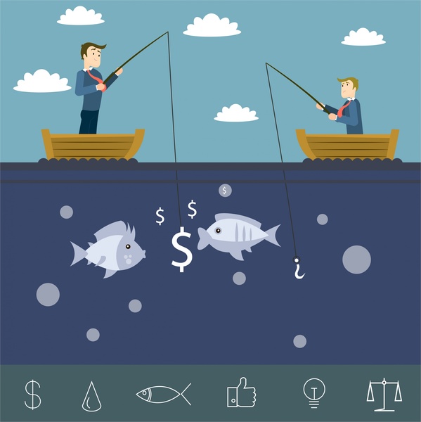 Ilustración de marketing de empresarios con hombres de negocios compitiendo en pesca