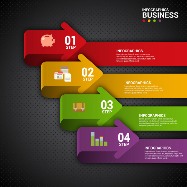 diagrama de infográfico de passos de negocio com setas 3d