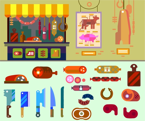konsep toko tukang daging dengan berbagai makanan ilustrasi