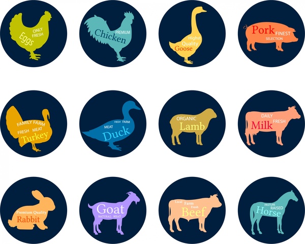 étiquettes de boucherie isolement avec divers animaux silhouettes tyles