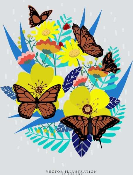 蝶背景色とりどりの花アイコン装飾