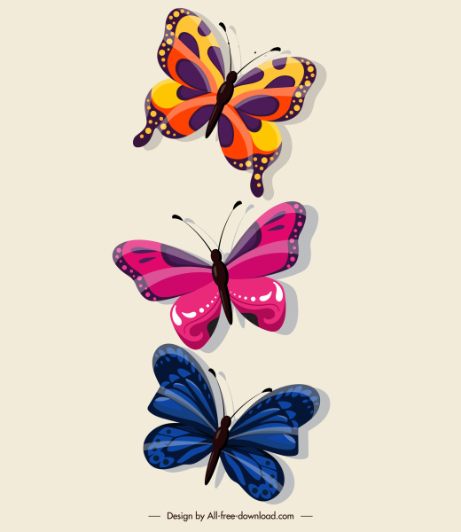 kelebekler dekor elemanları parlak renkli düz kroki