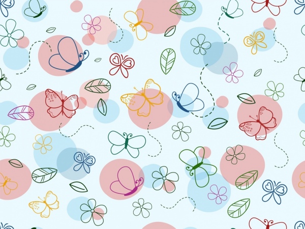 蝶の花のパターンのアウトラインのカラフルなフラットなデザイン