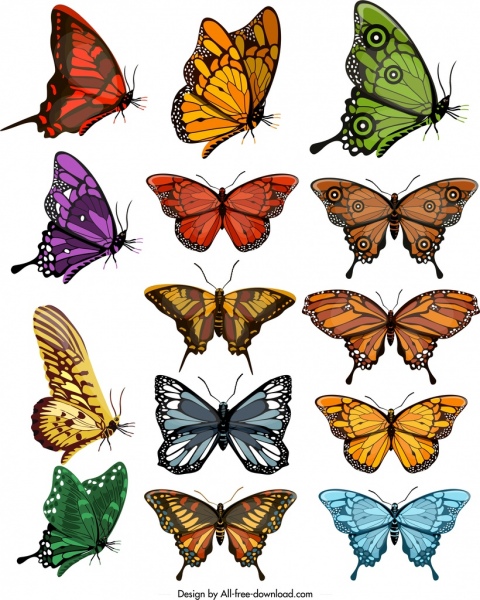 Kelebekler simgeler koleksiyonu renkli şekiller modern tasarım kroki