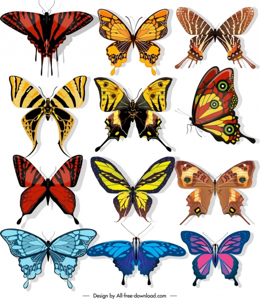 तितलियों के आइकन गहरे रंगीन आकार ों का संग्रह