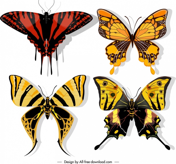 ícones de borboletas esboço plano colorido escuro