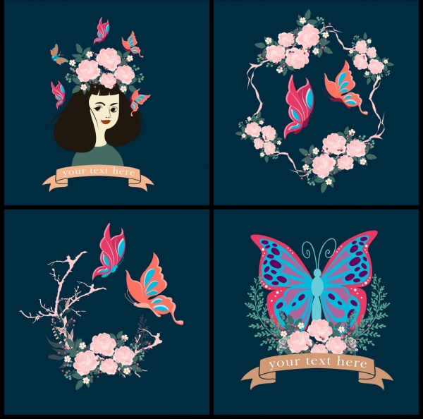 kupu-kupu dekoratif latar belakang set dekorasi warna-warni bunga