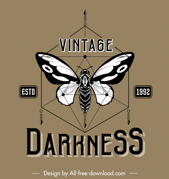 plantilla de logotipo mariposa blanco negro decoración simétrica vintage