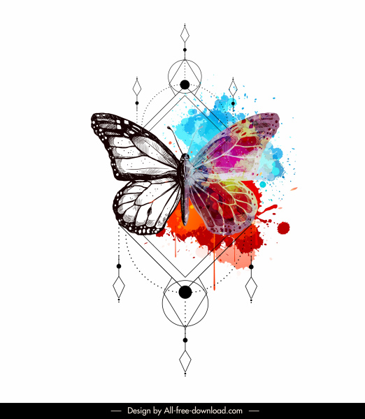 蝴蝶纹身模板五颜六色的装饰对称设计