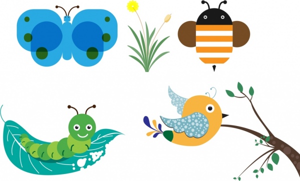 borboleta worm pássaro abelha ícones coleção estilo cartoon
