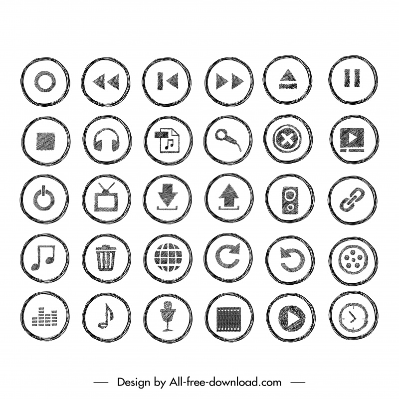 botão doodle ícones define formas planas de círculo clássico preto branco