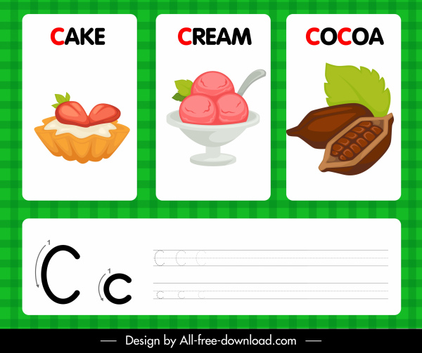 c alfabeto de enseñanza plantilla pastel crean bosquejo de cacao