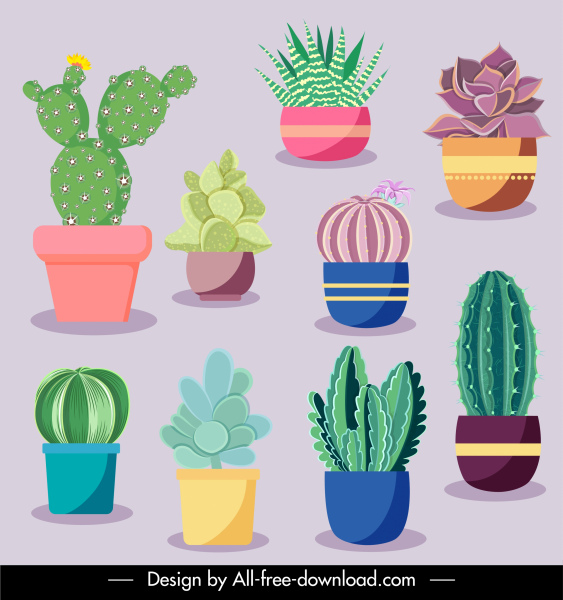 iconos de maceta de cactus elegante color clásico boceto plano