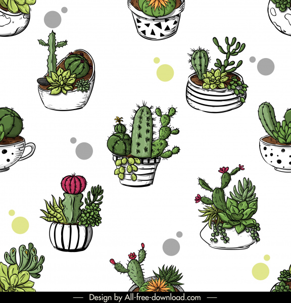 cactus macetas patrón de color brillante clásico dibujado a mano