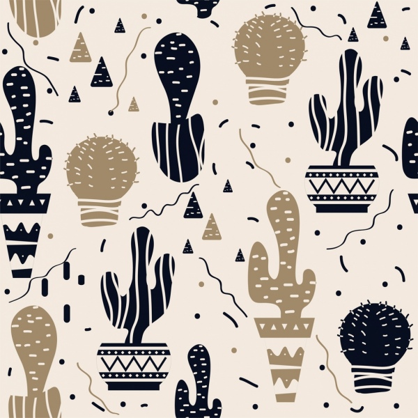 Kaktus latar belakang gelap datar sketsa mengulangi desain