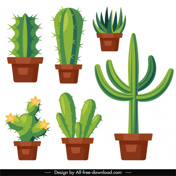 ikon pot bunga kaktus berwarna sketsa datar