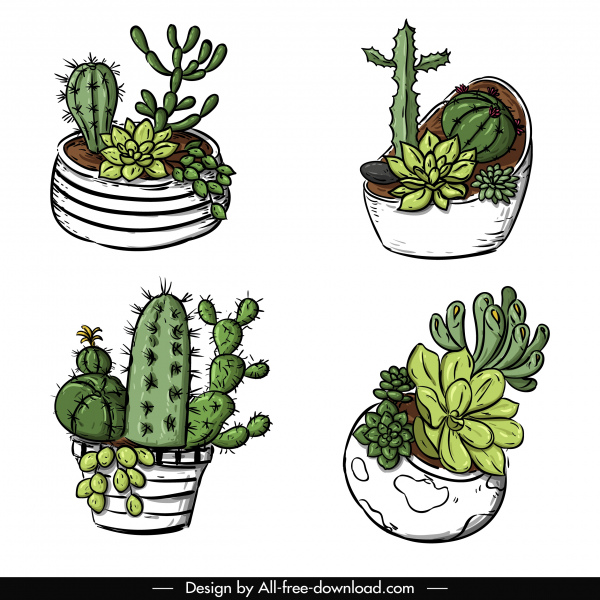 cactus pot iconos clásico dibujado a mano bosquejo