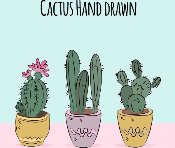 Kaktustöpfe zeichnen mehrfarbiges handgezeichnetes Dekor