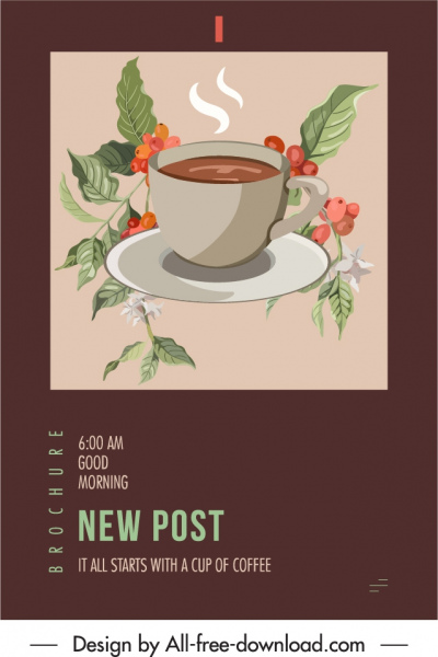 카페 광고 포스터 우아한 클래식 컵 식물 스케치