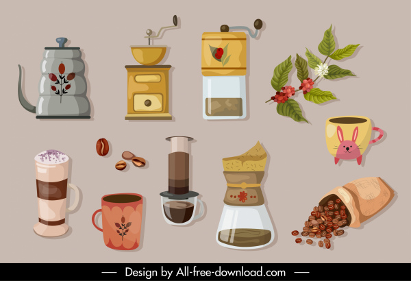 elementos de design café clássico aparelho esboço de feijão flor