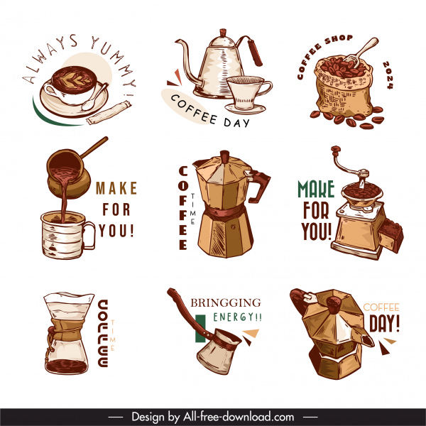 Plantilla de logotipo de café retro dibujo a mano objetos boceto