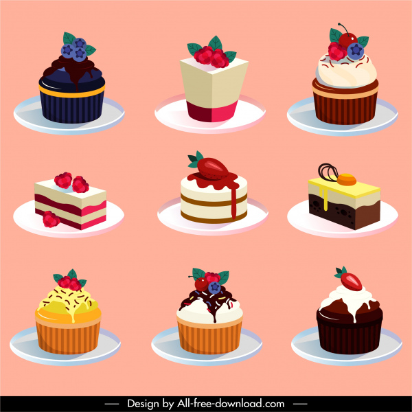 Kuchen Dessert Icons bunte fruchtige Dekor