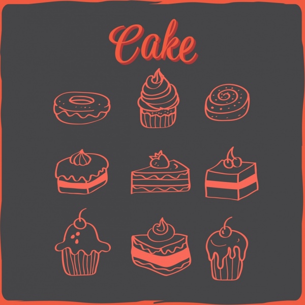 conception de gâteaux icônes collection dessinée à la main noire