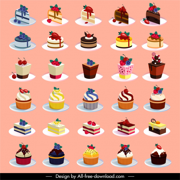 ケーキアイコンコレクションモダンカラフルなデザイン3Dスケッチ