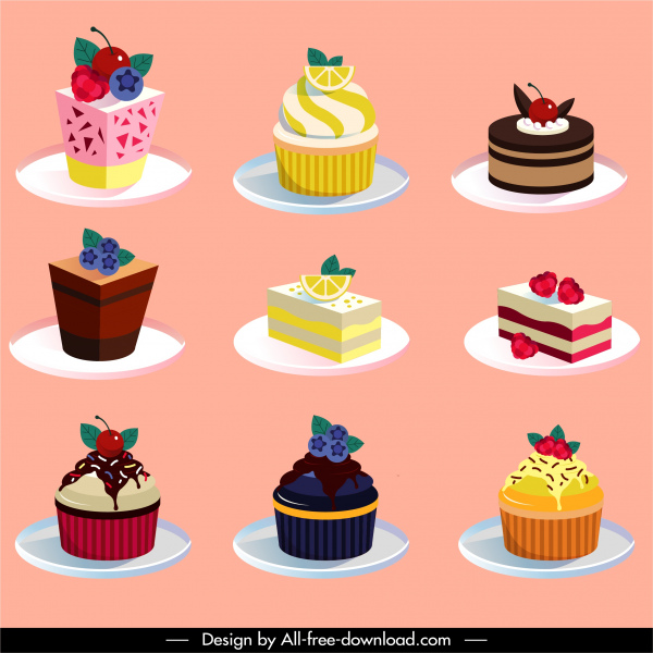 ícones de bolos coloridos decoração 3d esboço