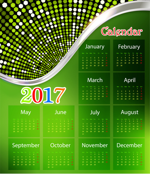 緑の背景のモダンなスタイルとカレンダー 2017 のデザイン