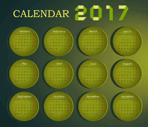 Kalender 2017 desain dengan bulan pada lingkaran