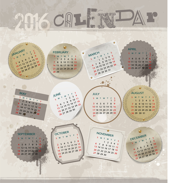 grunge de plantilla de calendario 2016